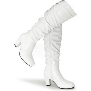 Women's White Knee High Boots Side Zip closure Chunky Heels Fall Winter Booties